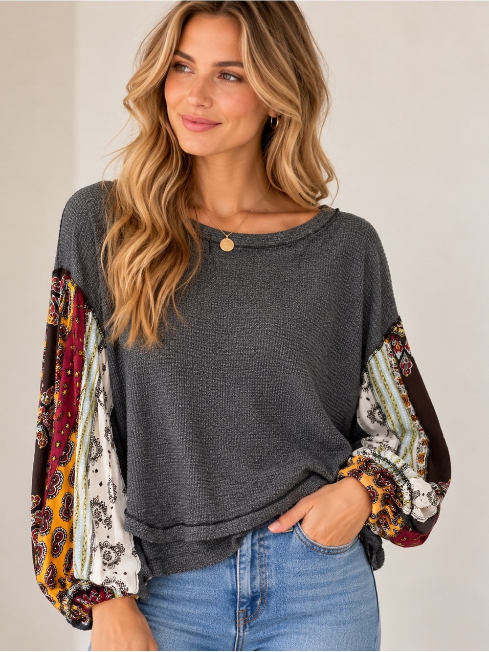 Free People We The Free Paisley Sleeve Thermal Top XS Charcoal Boho Oversized